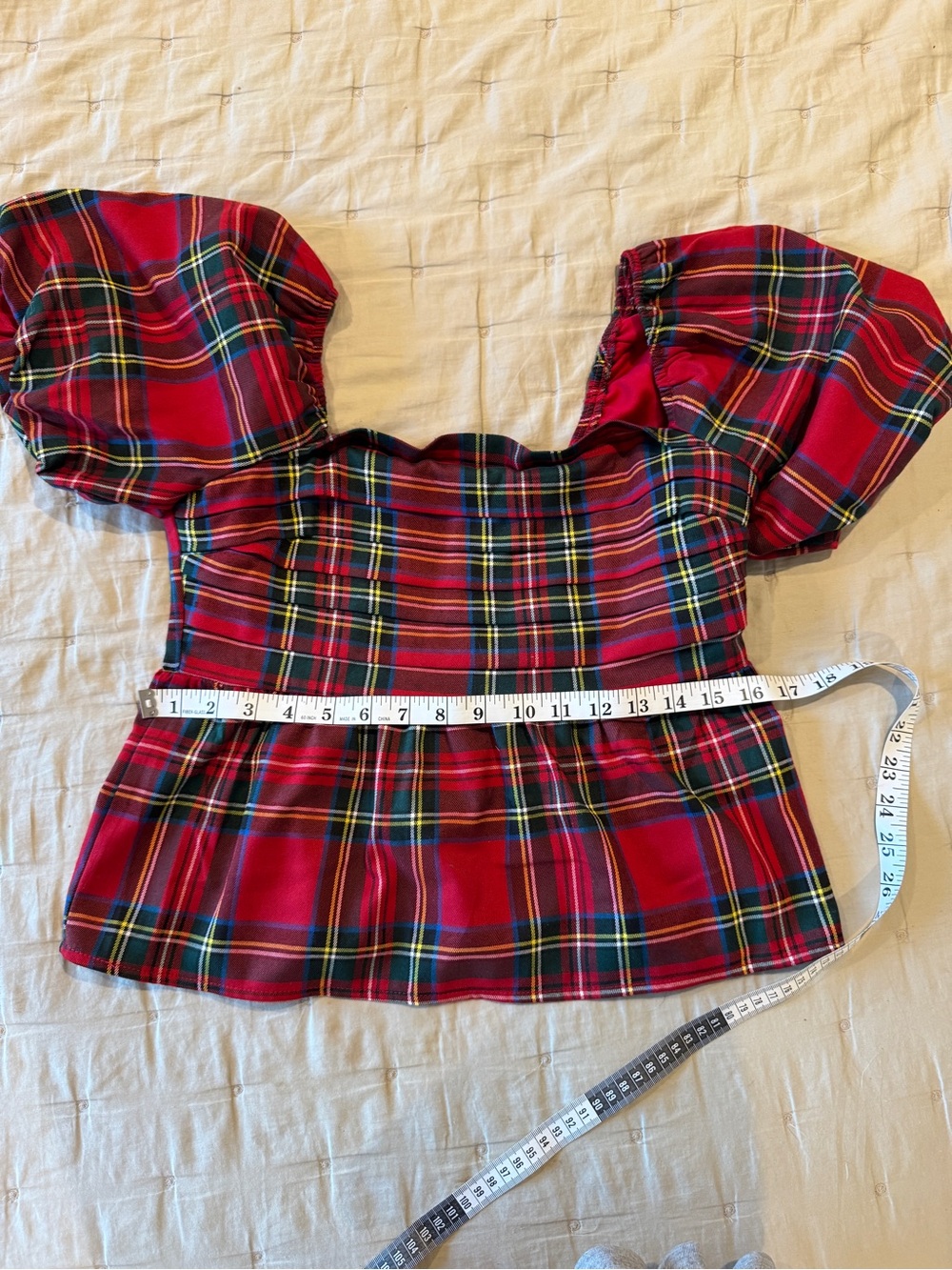 Francesca's Red Tartan Plaid Top with Puff Detail